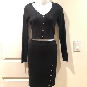 NWOT Say What- black sweater top and sweater skirt set with gold tone buttons